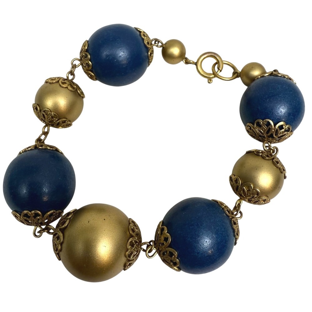 Vintage Style Gold Blue Beaded Chunky Bracelet Statement Costume Jewelry Sz 7.5